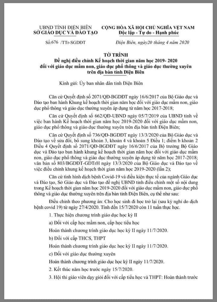 TỜ TRÌNH ĐỀ NGHỊ ĐIỀU CHỈNH KẾ HOẠCH THỜI GIAN HỌC NĂM HỌC 2019 -2020