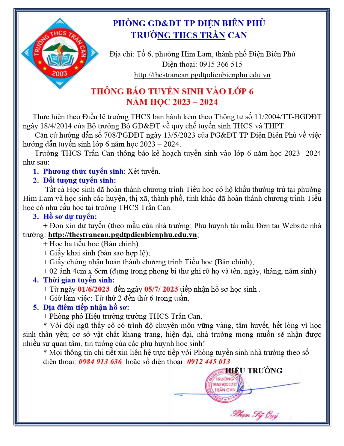 THÔNG BÁO TUYỂN SINH VÀO LỚP 6 NĂM HỌC 2023-2024