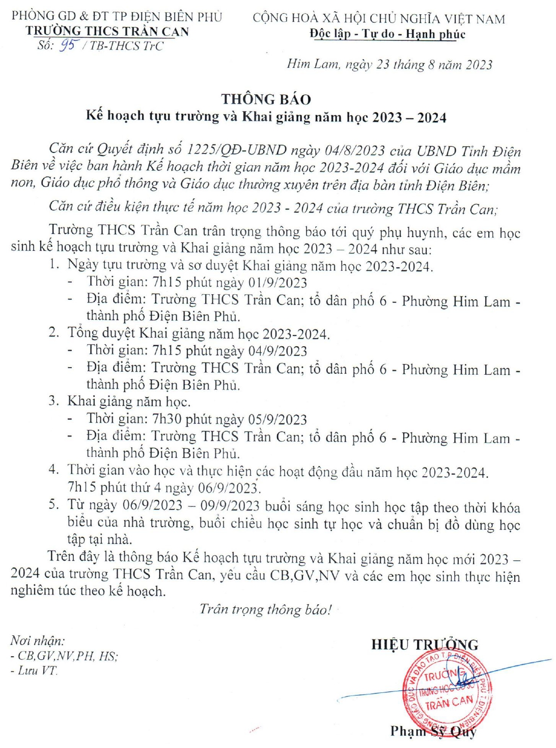 Thông báo kế hoạch tựu trường và Khai giảng năm học mới 2023-2024