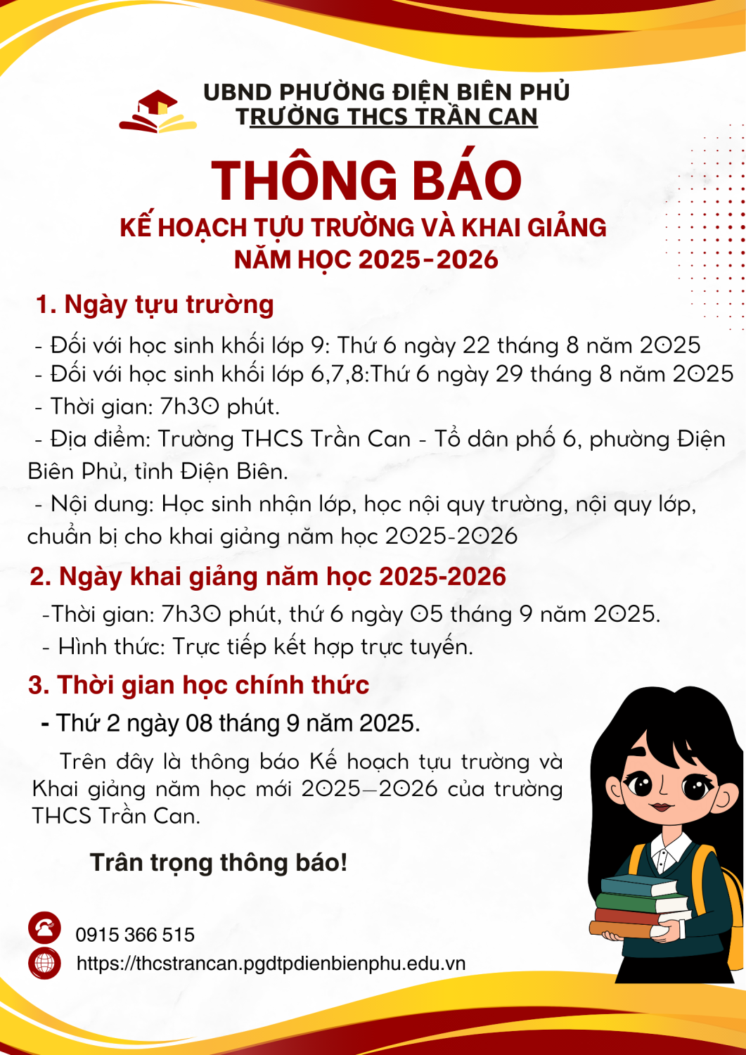 Thông báo Kế hoạch tựu trường và Khai giảng năm học 2025 – 2026